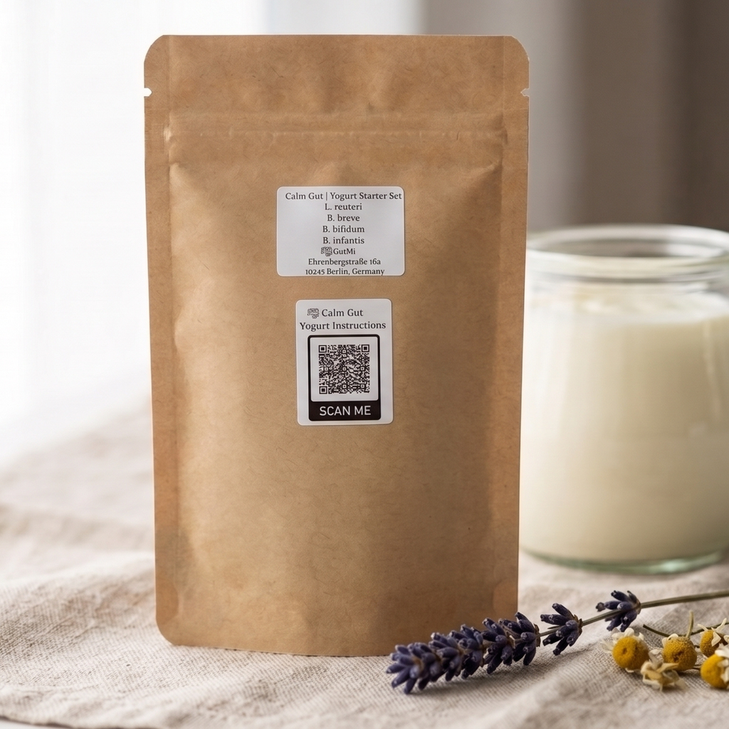 GutMi | L. reuteri + B. breve + B. bifidum + B. infantis | Intestino calmo | Conjunto para iniciar iogurte | Culturas de arranque | 3 fermentos para iogurte