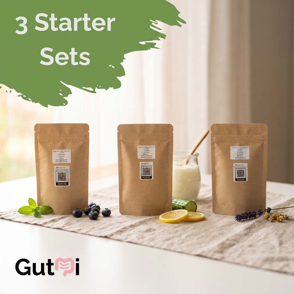 GutMi | L. reuteri + mais 6 estirpes (7 no total) | Inclui todas as espécies perdidas | 3 conjuntos para iniciar iogurte | Pack de conjuntos para iniciar iogurte | Culturas de arranque | 9 fermentos para iogurte